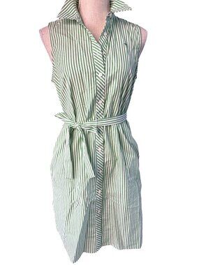 Tommy Hilfiger Sleeveless Green & White Striped Belted Shirt Dress Size S